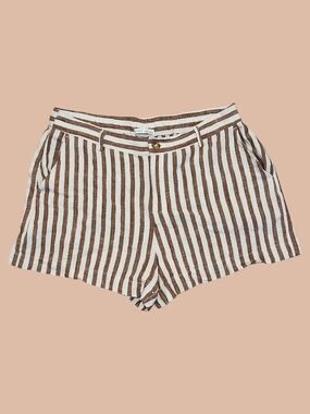 Brown And White Striped Linen Blend Shorts With Belt Loop
